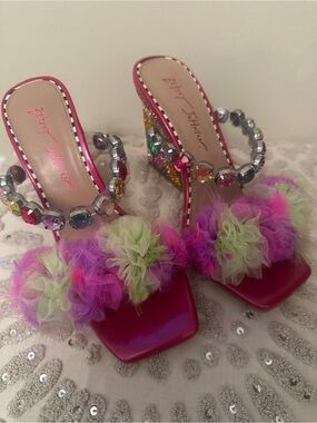 Betsey Johnson Hot Pink Floral Tulle Gemstone Slide Heels